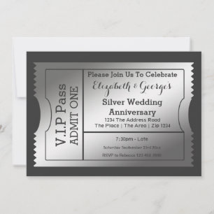 Invitation Billet VIP Pass Anniversaire de Mariage Argent
