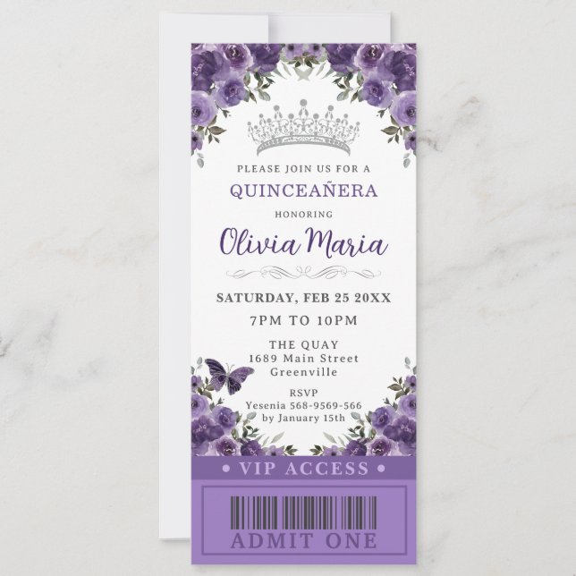 Invitation Billet VIP Quinceañera Plum violet foncé (Devant)