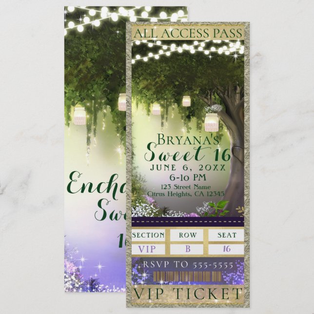 Invitation Billet VIP Sweet 16 Party Enchanted Forest Access (Devant / Derrière)