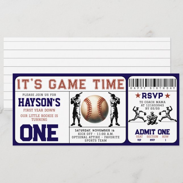 Invitation Billets de base-ball première année bas 1er annive (Devant / Derrière)