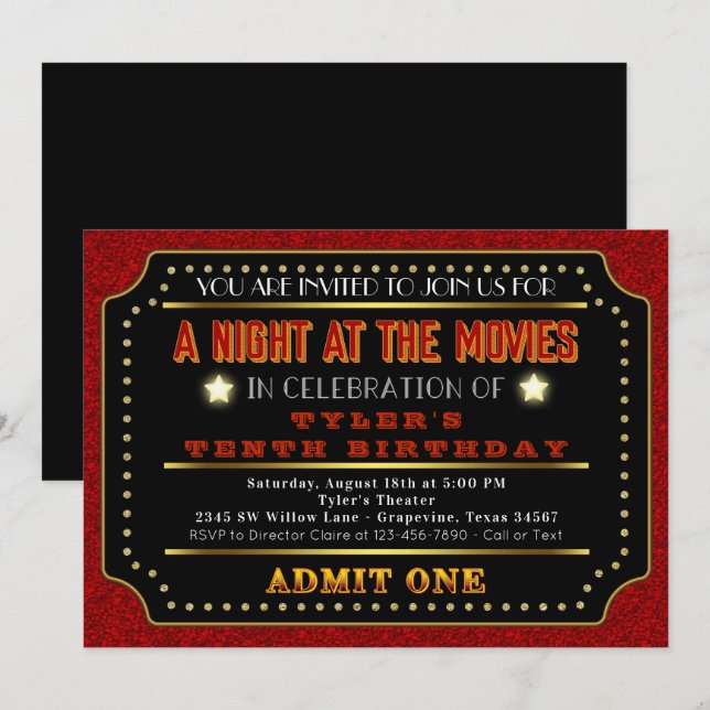 Invitation Billets de cinéma fête d'anniversaire (Devant / Derrière)