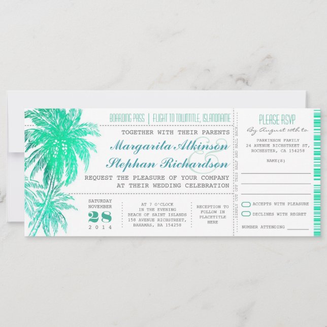 Invitation Billets de mariage turquoise sur la plage tropical (Devant)