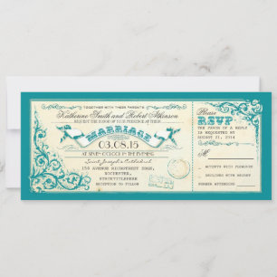 Invitation billets de mariage vintage & bleu élégant fleuris