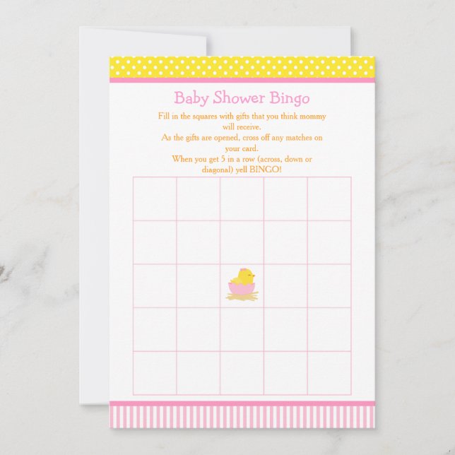 Invitation Bingo Baby shower de poussins rose et jaune (Devant)