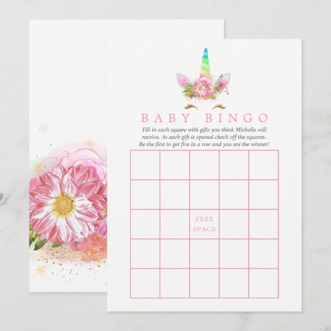 Invitation Bingo Baby shower fille rose floral arc-en-ciel (Devant / Derrière)