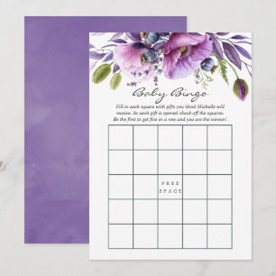 Invitation Bingo Baby Shower Fleur de Pavot Violet Aquarelle