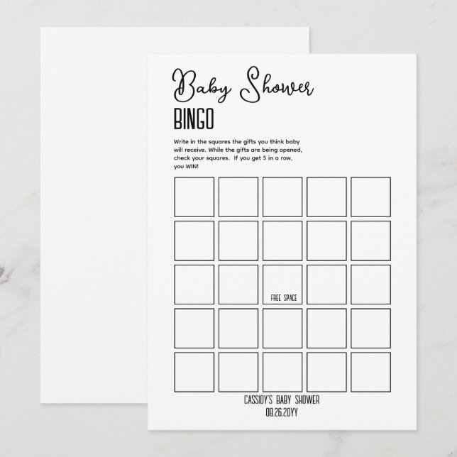 Invitation Bingo Baby shower minimaliste (Devant / Derrière)
