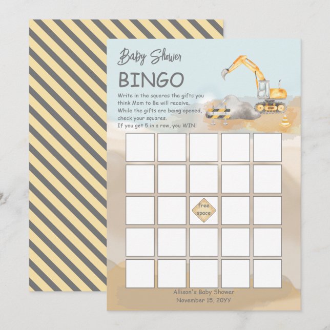 Invitation Bingo Baby shower pour garçon d'excavateur de cons (Devant / Derrière)