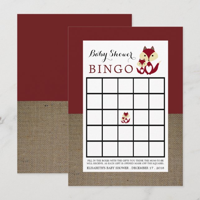 Invitation Bingo Baby shower Red Fox Burlap (Devant / Derrière)