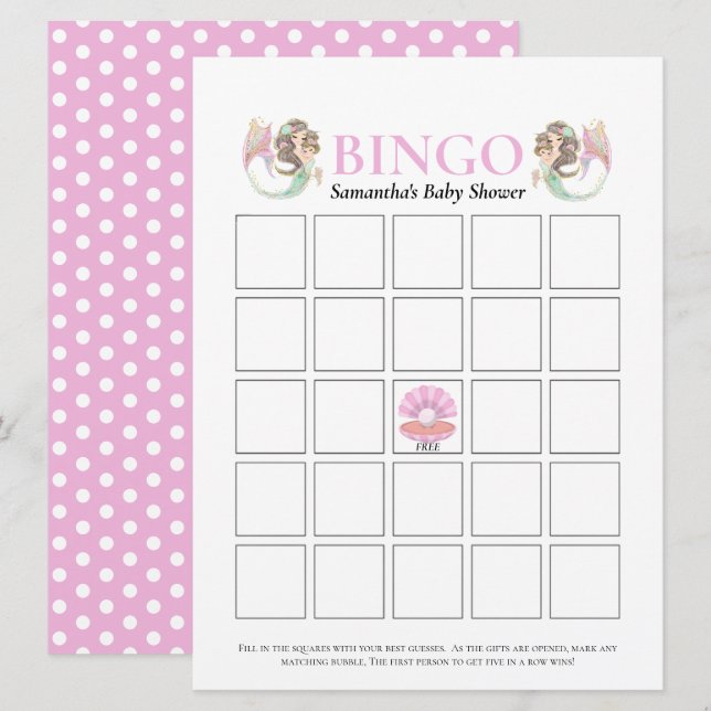 Invitation Bingo Brown baby shower De Sirène Sous La Mer Rose (Devant / Derrière)