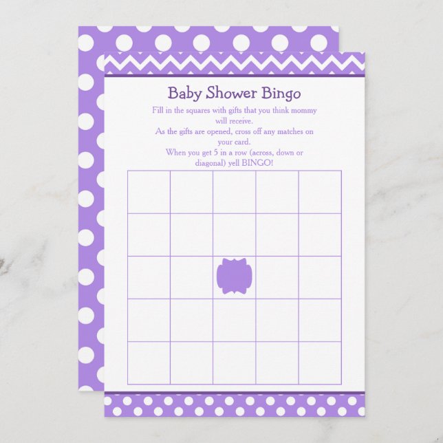 Invitation Bingo de Baby shower à points pourpres Chevron et  (Devant / Derrière)