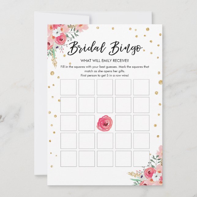 Invitation Bingo Jeu Fête des mariées rose Floral Gold Card (Devant)