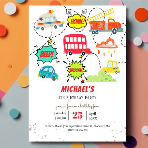 Invitation Bip klaxon vroom véhicules heureux garçon annivers