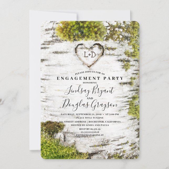 Invitation Birch Tree Heart Rustic Fall Engagement Party (Devant)