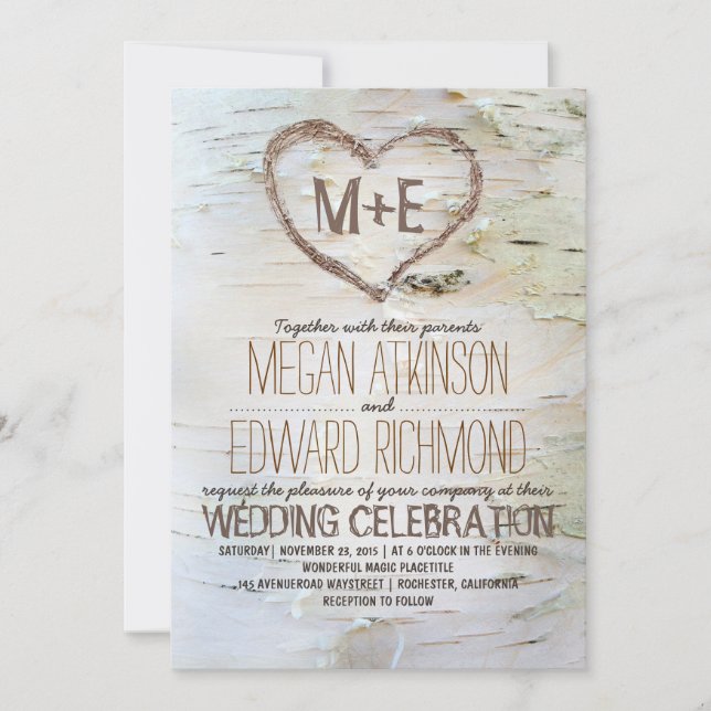 Invitation Birch Tree Heart Rustic Mariage de automne (Devant)