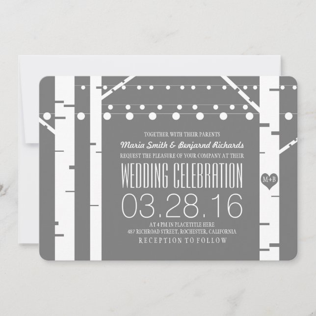Invitation Birch Trees Lumières Coeur & String Mariage Invite (Devant)