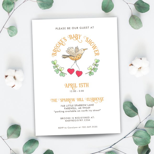Invitation Bird de printemps avec des coeurs Baby shower mign (Créateur téléchargé)