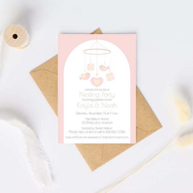 Invitation Bird Mobile Nesting Party (Pink and yellow baby mobile Nesting Party Invitation for a girl baby shower)