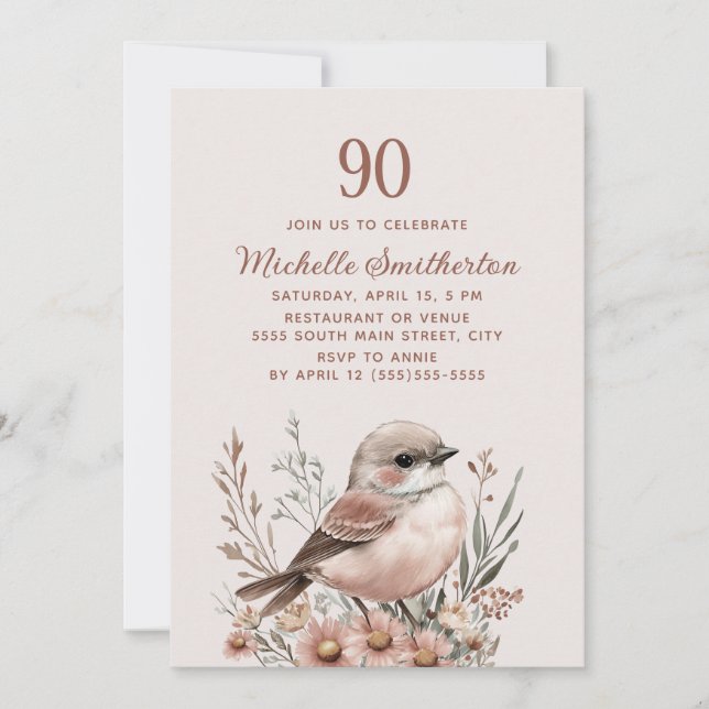 Invitation Bird Terracotta rose 90e anniversaire (Devant)