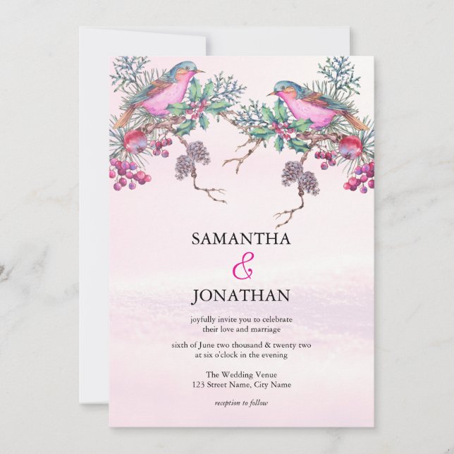 Invitation Birds & Berries Pinecone Watercolor Winter Wedding (Devant)