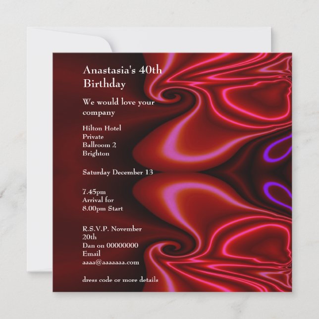 Invitation Birthday Abstract Faux Silk Red Purple (Front)