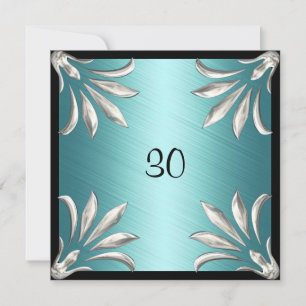 Invitation Birthday Black Teal with Silver Floral