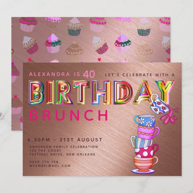 Invitation BIRTHDAY BRUNCH Rose Gold - N'IMPORTE QUEL Invitat (Devant / Derrière)