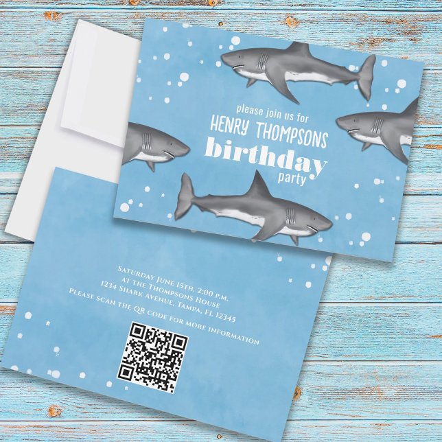 Invitation Birthday Fun Whimsical Ocean Sharks QR Codes (Créateur téléchargé)