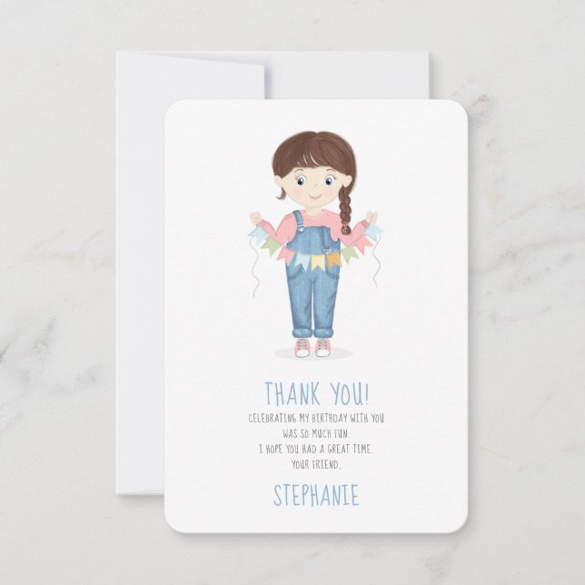 Invitation Birthday Girl in Overalls Brunette (Devant)