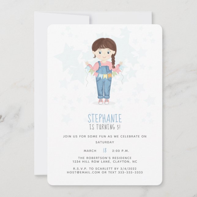 Invitation Birthday Girl in Overalls Brunette (Devant)