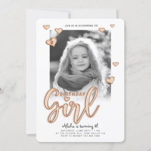 Invitation Birthday Girl Rose Gold Foil Balloon Texte Photo