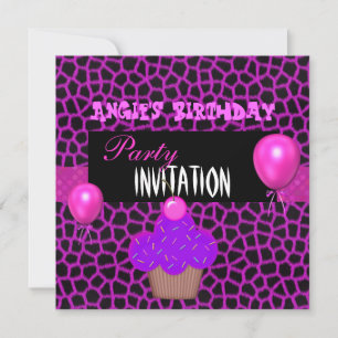 Invitation Birthday Girls Cupcake Pink Purple