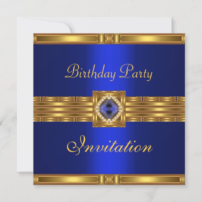 Invitation Birthday Gold on Gold Blue Jewel (Front)