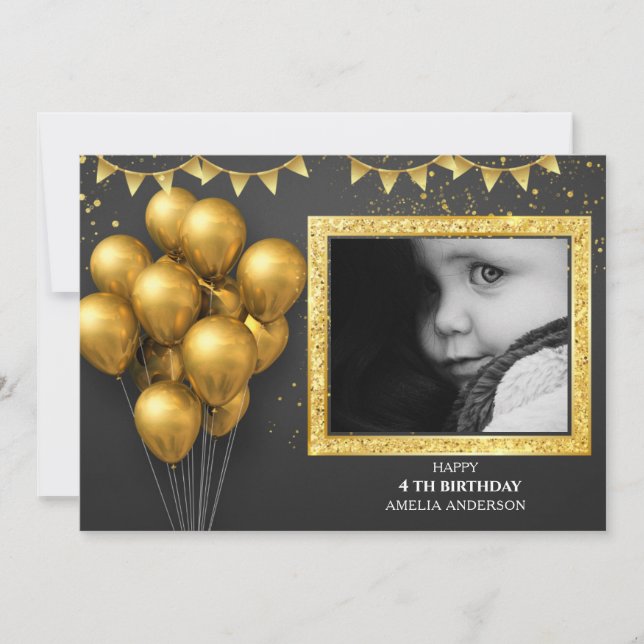 Invitation  Birthday Gold Silver Black Balloons (Devant)