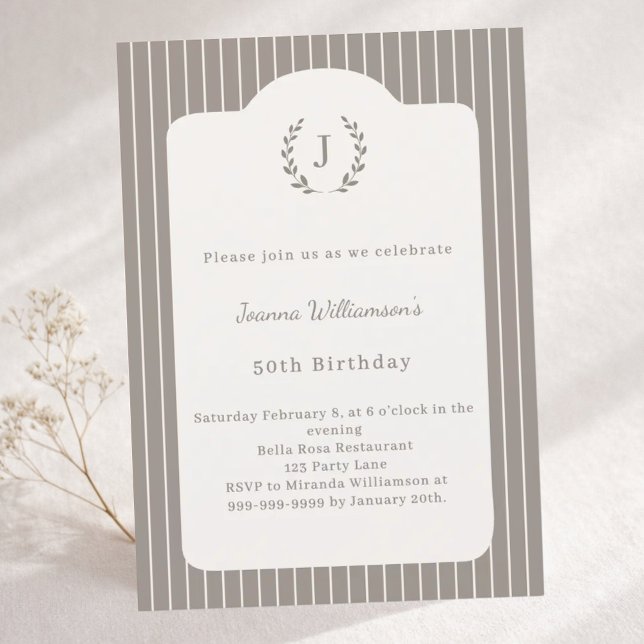 Invitation Birthday Ivory Taupe Neutral Pinstriped Monogram (Créateur téléchargé)