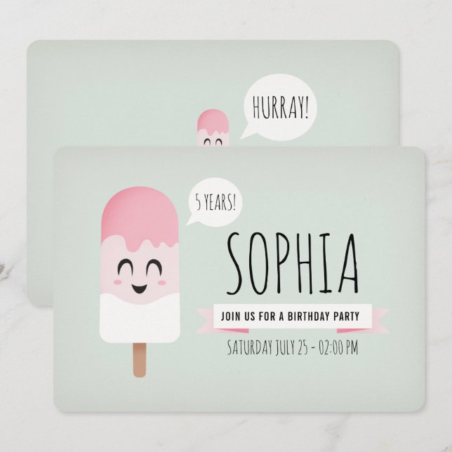 Invitation Birthday Party Girl Cute Retro Icecream (Front/Back)