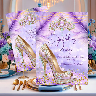Invitation Birthday Party Lilac Teal Tiara Gold Heel Stiletto