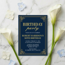 Invitation Birthday Party Navy Gold Art Deco 80th