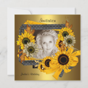 Invitation Birthday Photo Sunflower Gold Frame
