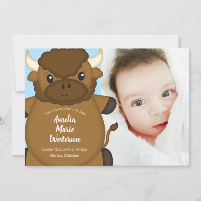 Invitation Bison Buffalo Baby shower Bleu (Devant)