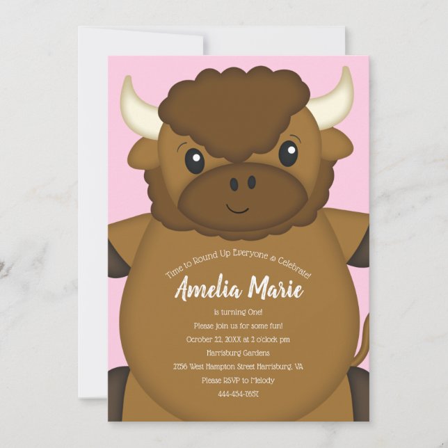 Invitation Bison Buffalo fête d'anniversaire rose (Devant)