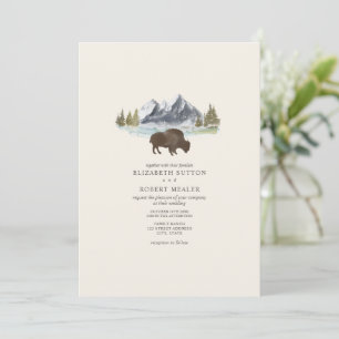 Invitation Bison de Buffalo Aquarelle Montagnes Ranch Mariage