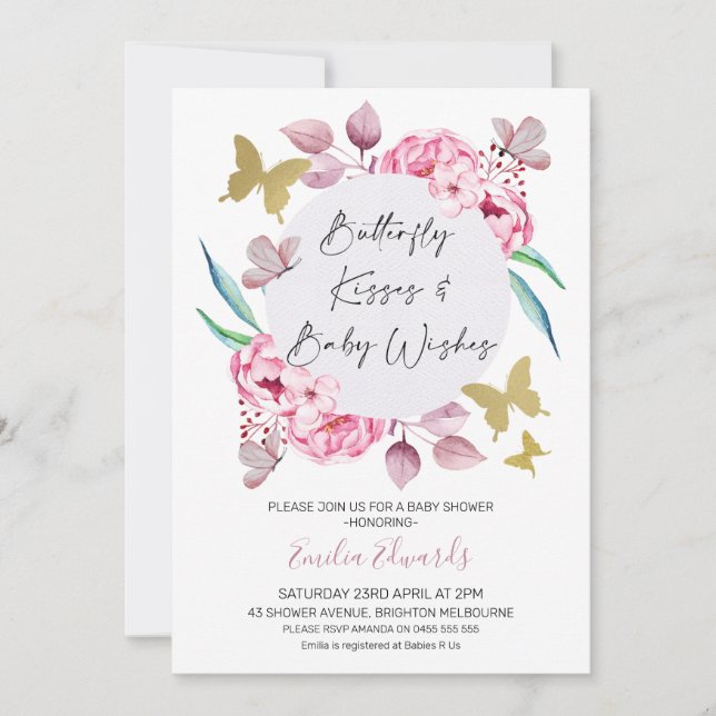 Invitation Bisous à papillon Lilac Baby shower de voeux pour  (Devant)