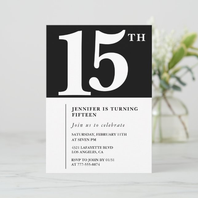 Invitation Black 15e anniversaire Elegant Chic Sim (Debout devant)