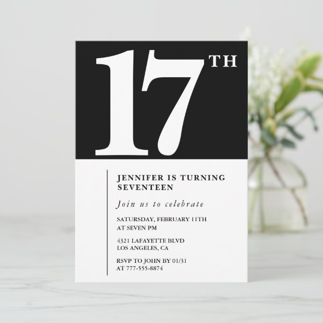 Invitation Black 17e anniversaire Elegant Chic Sim (Debout devant)