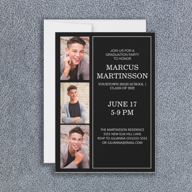 Invitation Black 3 Photo Moderne Graduation Party (Créateur téléchargé)