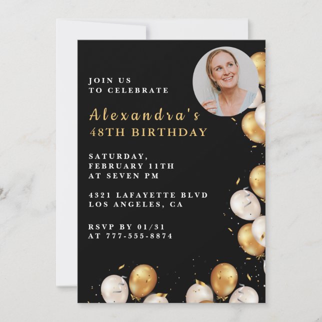 Invitation Black 48e anniversaire Gold Balloon Pho (Devant)