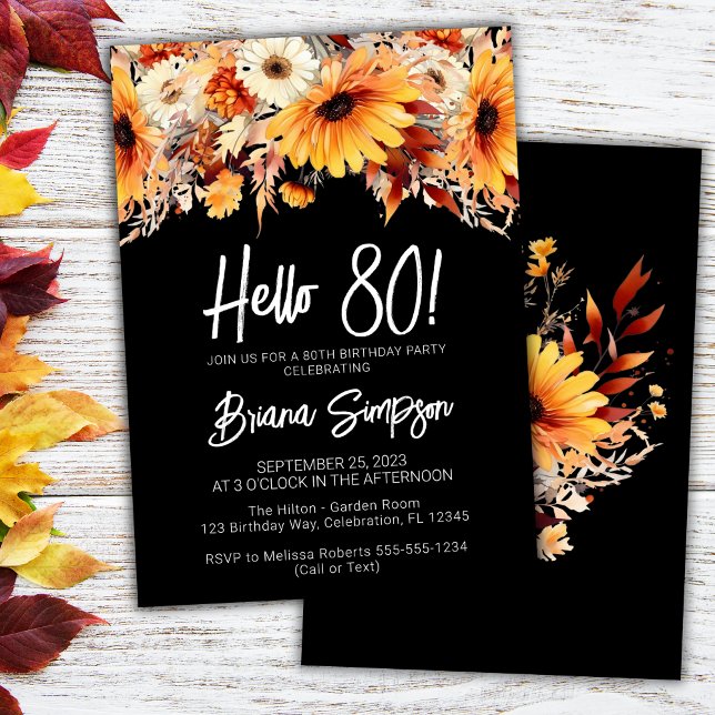 Invitation Black 80e anniversaire automne floral (Créateur téléchargé)