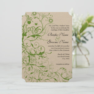 Invitation Black and Apple Green Bird Swirl Weddin