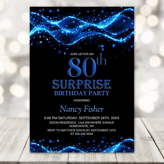 Invitation Black and Blue Surprise 80e fête d'anniversaire (Créateur téléchargé)